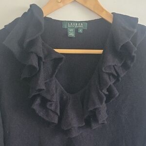 Ralph Lauren Black Ruffled V-Neck Sweater Size S Silk Cashmere